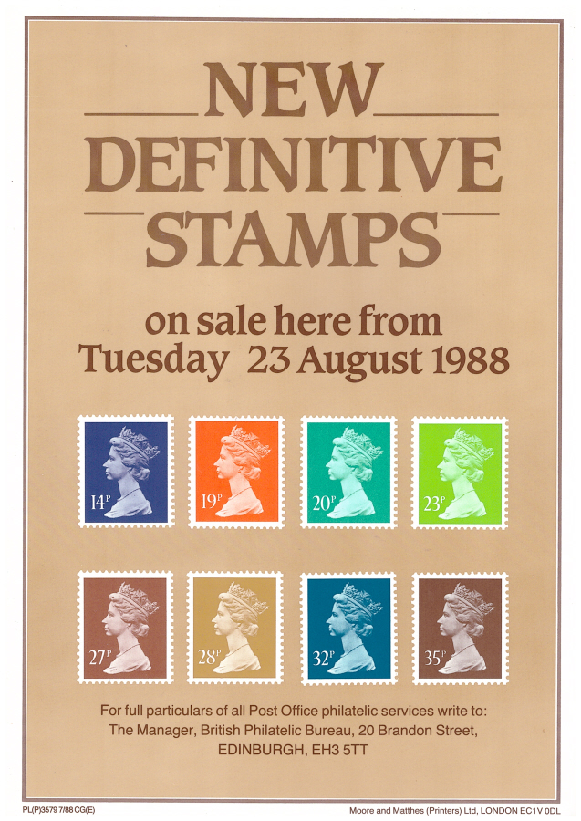 (image for) 1988 New Definitive Stamps Post Office A4 poster. PL(P)3579 7/88 CG(E).